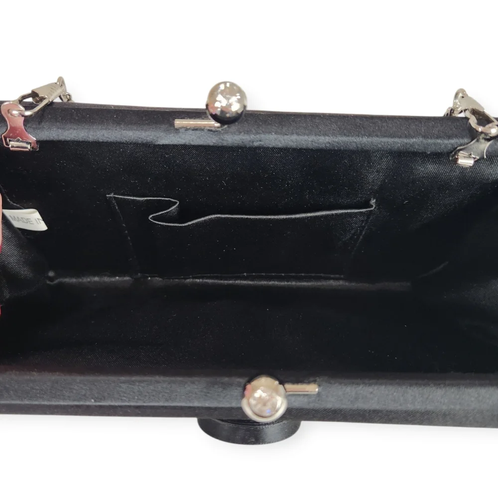 Elegant Black Evening Clutch with Jewel & Ribbon Accents